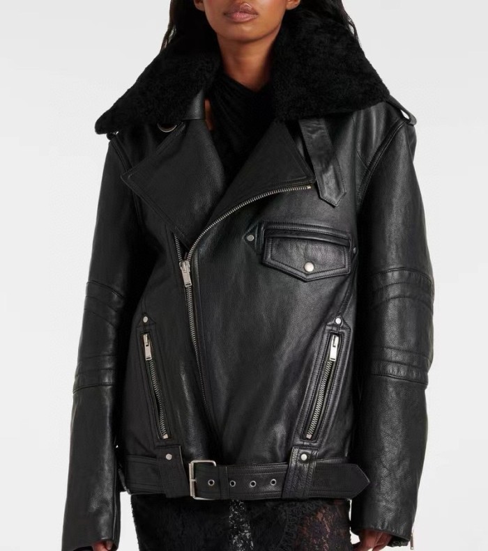 NIGO SAINT LAURENT Women's Vintage Asymmetrical Zipper Loose Leather Long Sleeve Lapel Black Jacket Ngvp #nigo9549