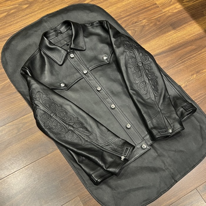 NIGO Chrome Hearts Men's Autumn and Winter Solid Color Cow Leather Single Breasted Long Sleeve Jacket #nigo73972