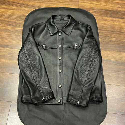 NIGO Chrome Hearts Men's Autumn and Winter Solid Color Cow Leather Single Breasted Long Sleeve Jacket #nigo73972