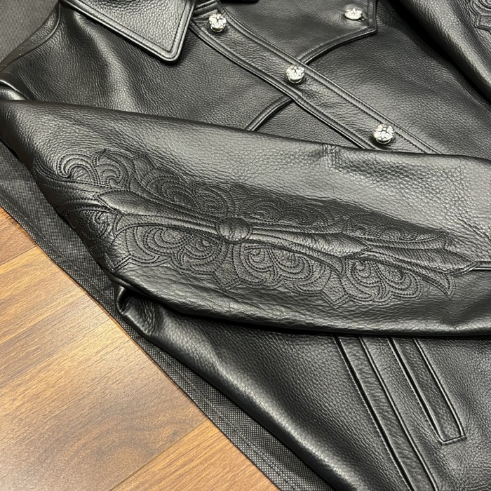 NIGO Chrome Hearts Men's Autumn and Winter Solid Color Cow Leather Single Breasted Long Sleeve Jacket #nigo73972