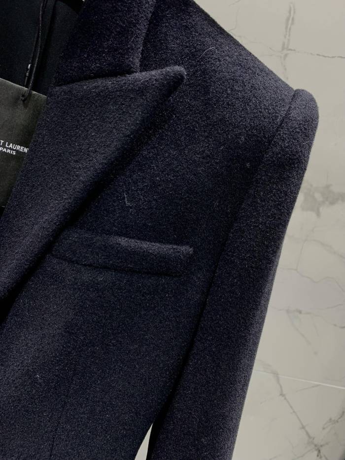 NIGO SAINT LAURENT Women's Autumn and Winter Solid Color Waisted Wide Shoulder Wool Double Breasted Long Coat Jacket #nigo74183