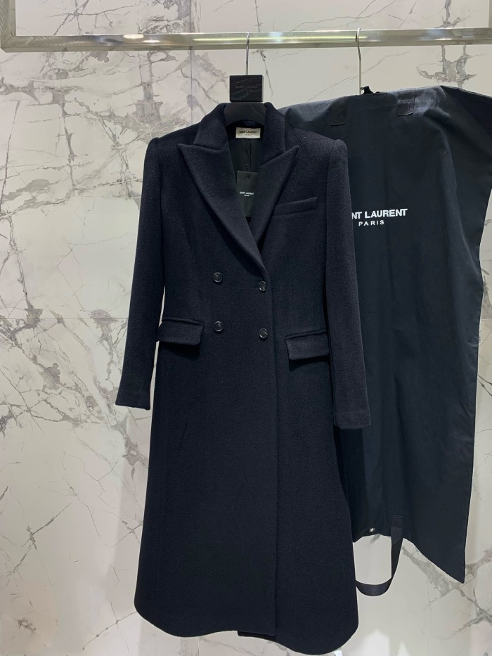 NIGO SAINT LAURENT Women's Autumn and Winter Solid Color Waisted Wide Shoulder Wool Double Breasted Long Coat Jacket #nigo74183