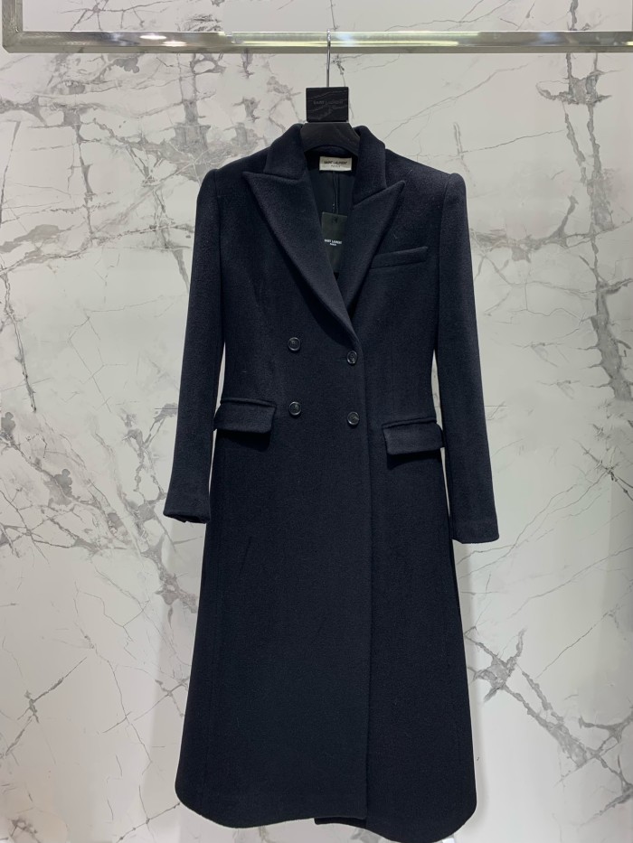 NIGO SAINT LAURENT Women's Autumn and Winter Solid Color Waisted Wide Shoulder Wool Double Breasted Long Coat Jacket #nigo74183