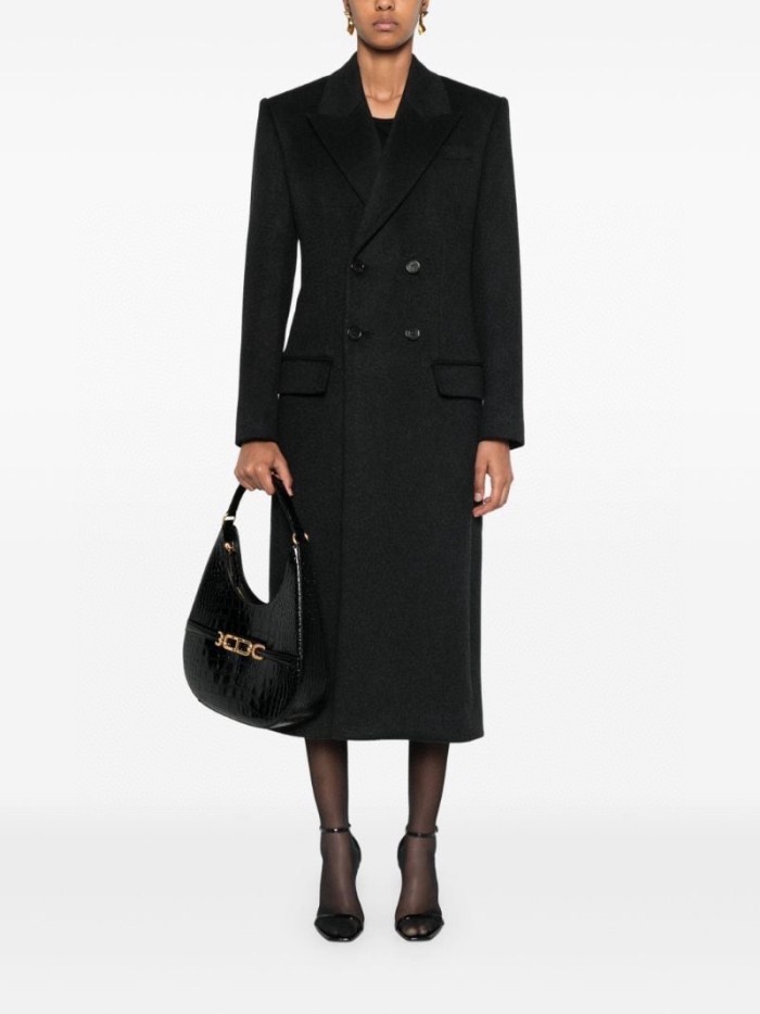 NIGO SAINT LAURENT Women's Autumn and Winter Solid Color Waisted Wide Shoulder Wool Double Breasted Long Coat Jacket #nigo74183