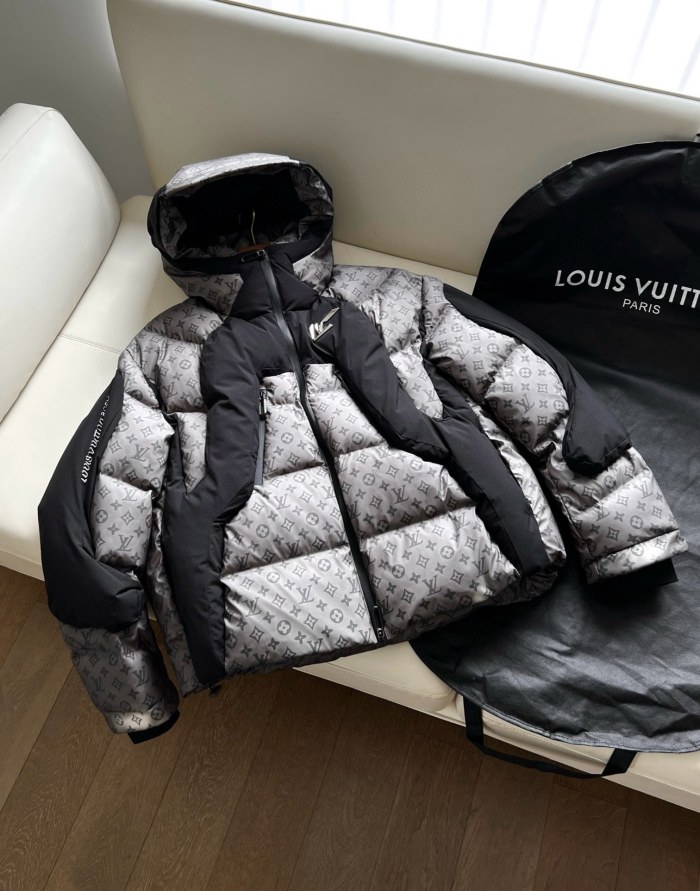 NIGO Louis Vuitton Men's Autumn and Winter Letter Printing Splicing Nylon Waterproof Fabric Warm Feeling Color Changing Hooded Zipper Long Sleeve Puffer Down Jacket #nigo74186