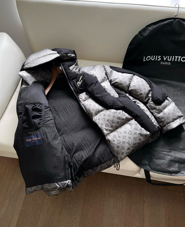 NIGO Louis Vuitton Men's Autumn and Winter Letter Printing Splicing Nylon Waterproof Fabric Warm Feeling Color Changing Hooded Zipper Long Sleeve Puffer Down Jacket #nigo74186