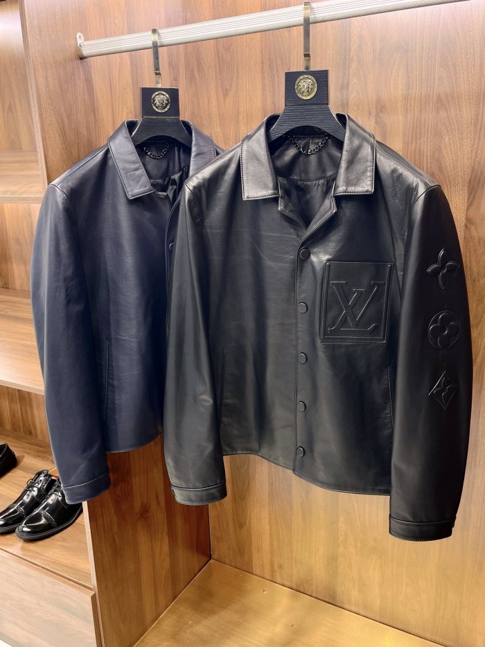 NIGO Louis Vuitton Men's Autumn and Winter Solid Color Embossed Leather Monogrammed Single Breasted Long Sleeve Jacket #nigo74224