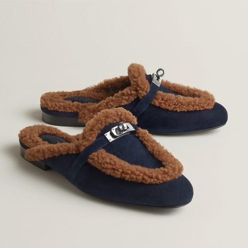 NIGO Hermes Women's Solid Color Suede Round Toe Flat Mule Shoes Slippers #nigo74233