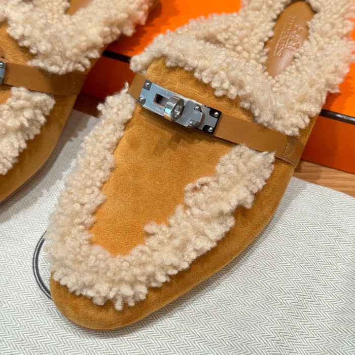 NIGO Hermes Women's Solid Color Suede Round Toe Flat Mule Shoes Slippers #nigo74233
