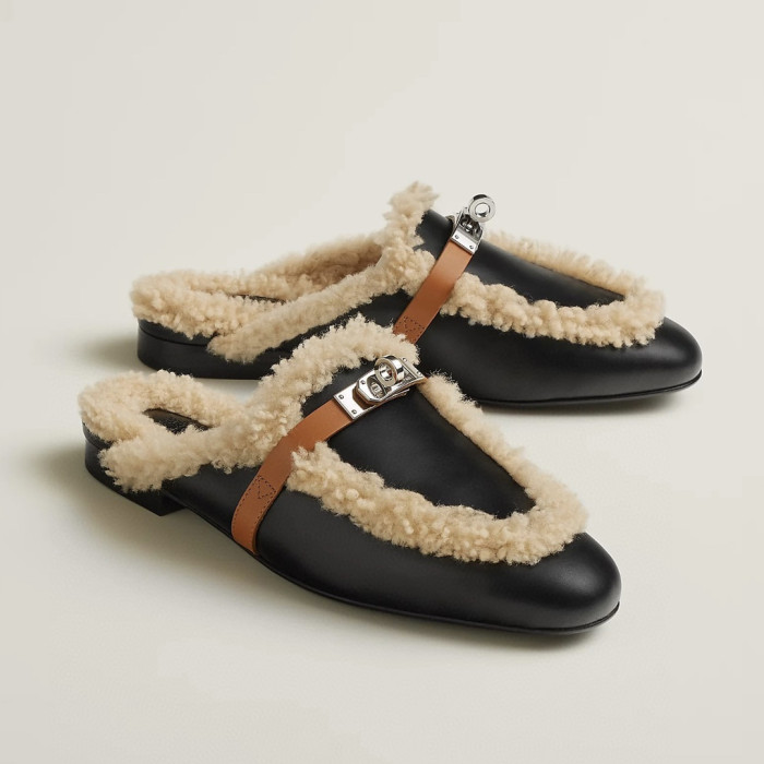 NIGO Hermes Women's Solid Color Suede Round Toe Flat Mule Shoes Slippers #nigo74233
