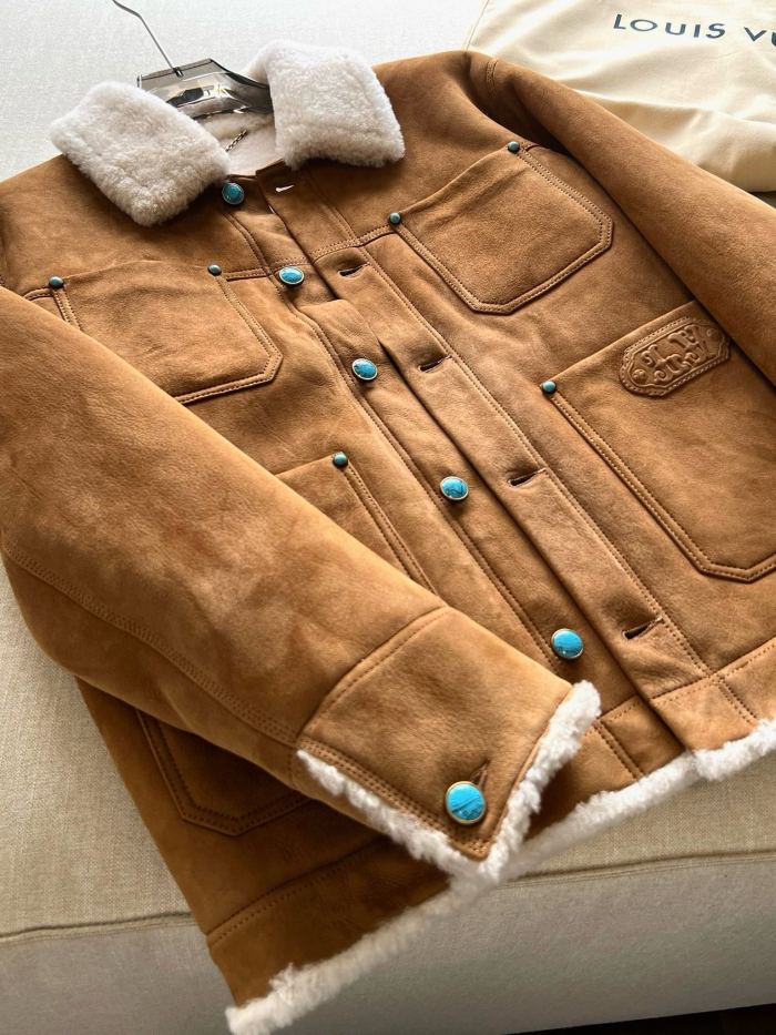 NIGO Louis Vuitton Men's Autumn and Winter Solid Color Lapel Single Breasted Sheep Leather Long Sleeve Jacket #nigo74261