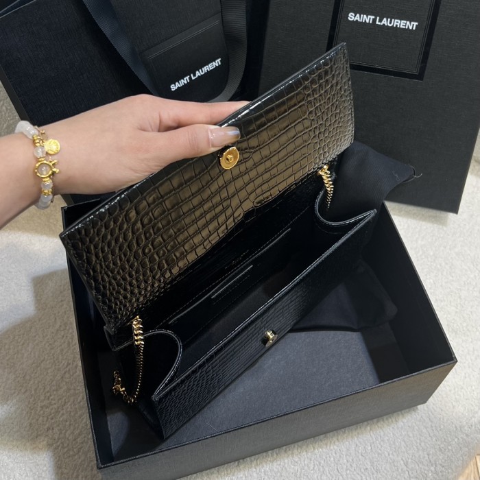 NIGO SAINT LAURENT Women Black Gold Label Logo Chain Crocodile Embossed Glossy Cowhide Crossbody Shoulder Bag Bags #nigo74268