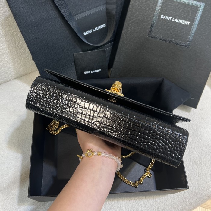 NIGO SAINT LAURENT Women Black Gold Label Logo Chain Crocodile Embossed Glossy Cowhide Crossbody Shoulder Bag Bags #nigo74268