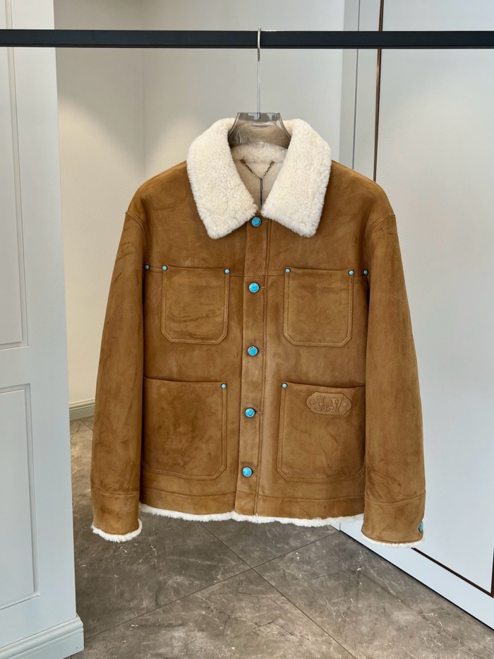 NIGO Louis Vuitton Men's Autumn and Winter Solid Color Lapel Single Breasted Sheep Leather Long Sleeve Jacket #nigo74261