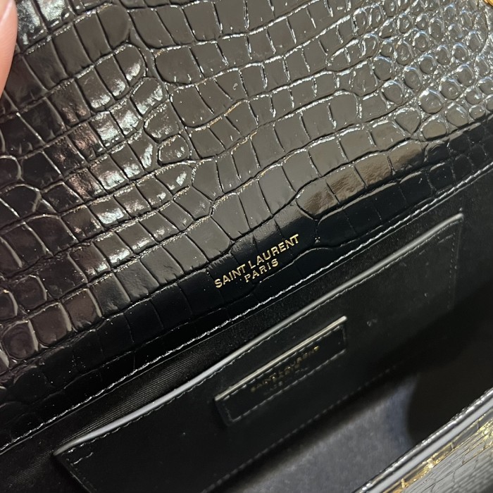 NIGO SAINT LAURENT Women Black Gold Label Logo Chain Crocodile Embossed Glossy Cowhide Crossbody Shoulder Bag Bags #nigo74268
