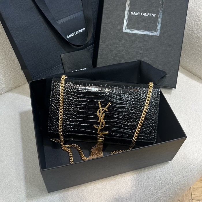NIGO SAINT LAURENT Women Black Gold Label Logo Chain Crocodile Embossed Glossy Cowhide Crossbody Shoulder Bag Bags #nigo74268