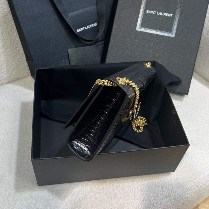 NIGO SAINT LAURENT Women Black Gold Label Logo Chain Crocodile Embossed Glossy Cowhide Crossbody Shoulder Bag Bags #nigo74268