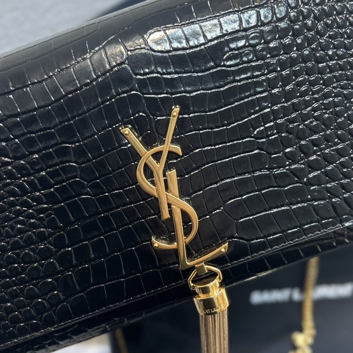 NIGO SAINT LAURENT Women Black Gold Label Logo Chain Crocodile Embossed Glossy Cowhide Crossbody Shoulder Bag Bags #nigo74268