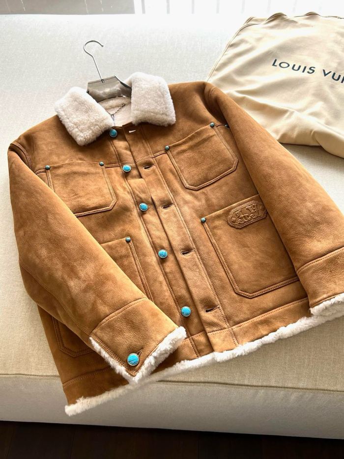 NIGO Louis Vuitton Men's Autumn and Winter Solid Color Lapel Single Breasted Sheep Leather Long Sleeve Jacket #nigo74261