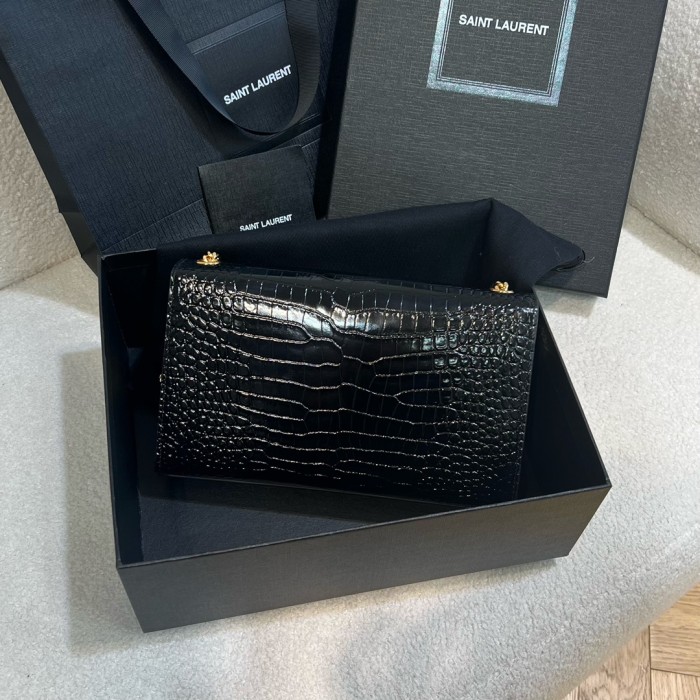 NIGO SAINT LAURENT Women Black Gold Label Logo Chain Crocodile Embossed Glossy Cowhide Crossbody Shoulder Bag Bags #nigo74268