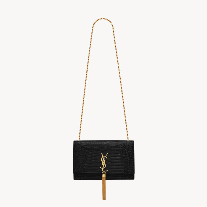NIGO SAINT LAURENT Women Black Gold Label Logo Chain Crocodile Embossed Glossy Cowhide Crossbody Shoulder Bag Bags #nigo74268