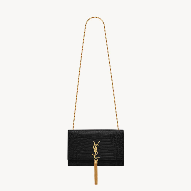 NIGO SAINT LAURENT Women Black Gold Label Logo Chain Crocodile Embossed Glossy Cowhide Crossbody Shoulder Bag Bags #nigo74268