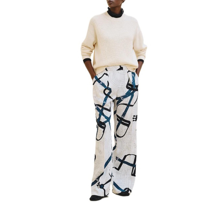 NIGO Hermes Women's Pattern Full Print Silk Mid-Rise Straight Leg Solid Color Casual Pants Ngvp #nigo9635