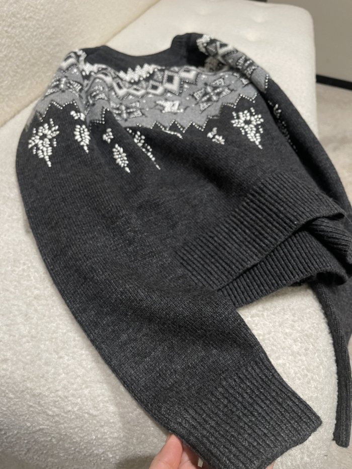 NIGO Louis Vuitton Men's Spring & Autumn Crew Neck Gray & White Embellished Cotton Wool Knit Sweater #nigo74322