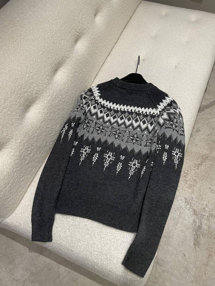 NIGO Louis Vuitton Men's Spring & Autumn Crew Neck Gray & White Embellished Cotton Wool Knit Sweater #nigo74322