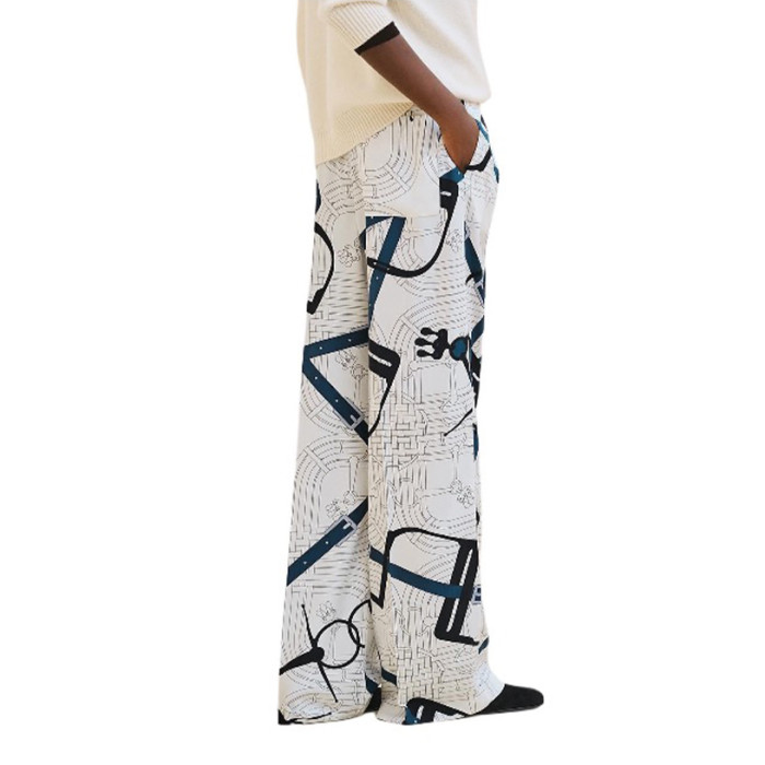 NIGO Hermes Women's Pattern Full Print Silk Mid-Rise Straight Leg Solid Color Casual Pants Ngvp #nigo9635
