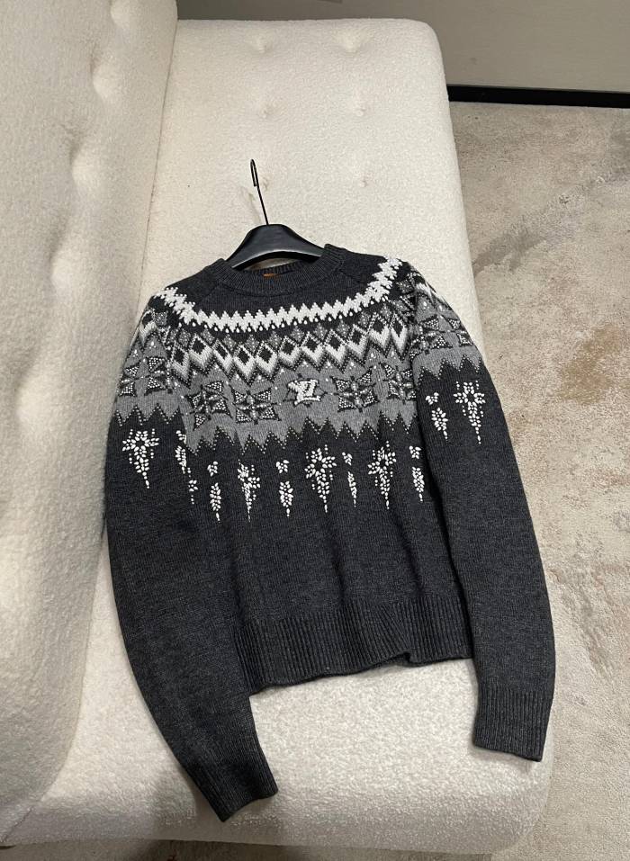 NIGO Louis Vuitton Men's Spring & Autumn Crew Neck Gray & White Embellished Cotton Wool Knit Sweater #nigo74322