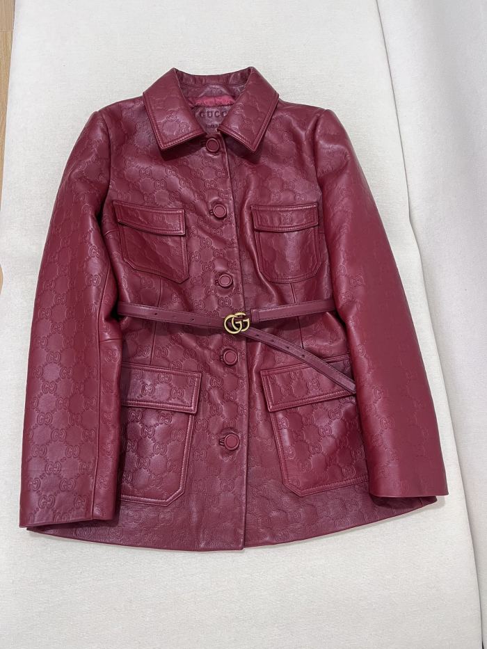 NIGO Gucci Women's Autumn and Winter Solid Color Lapel Embossed Printed Leather Mid-Length Belted Long Sleeve Jacket Coat #nigo74376