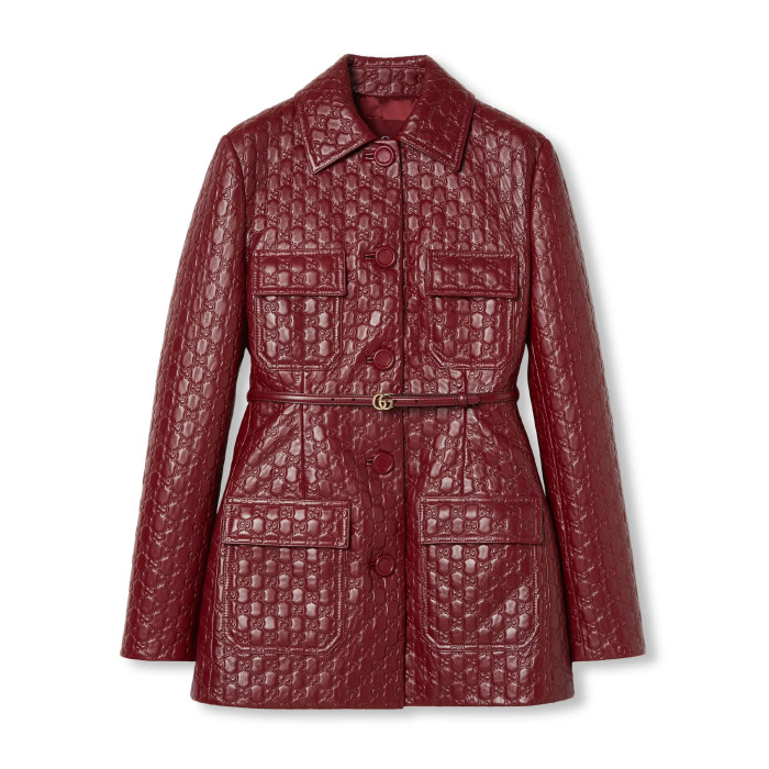 NIGO Gucci Women's Autumn and Winter Solid Color Lapel Embossed Printed Leather Mid-Length Belted Long Sleeve Jacket Coat #nigo74376