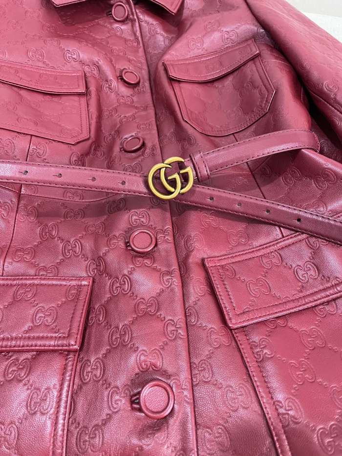 NIGO Gucci Women's Autumn and Winter Solid Color Lapel Embossed Printed Leather Mid-Length Belted Long Sleeve Jacket Coat #nigo74376