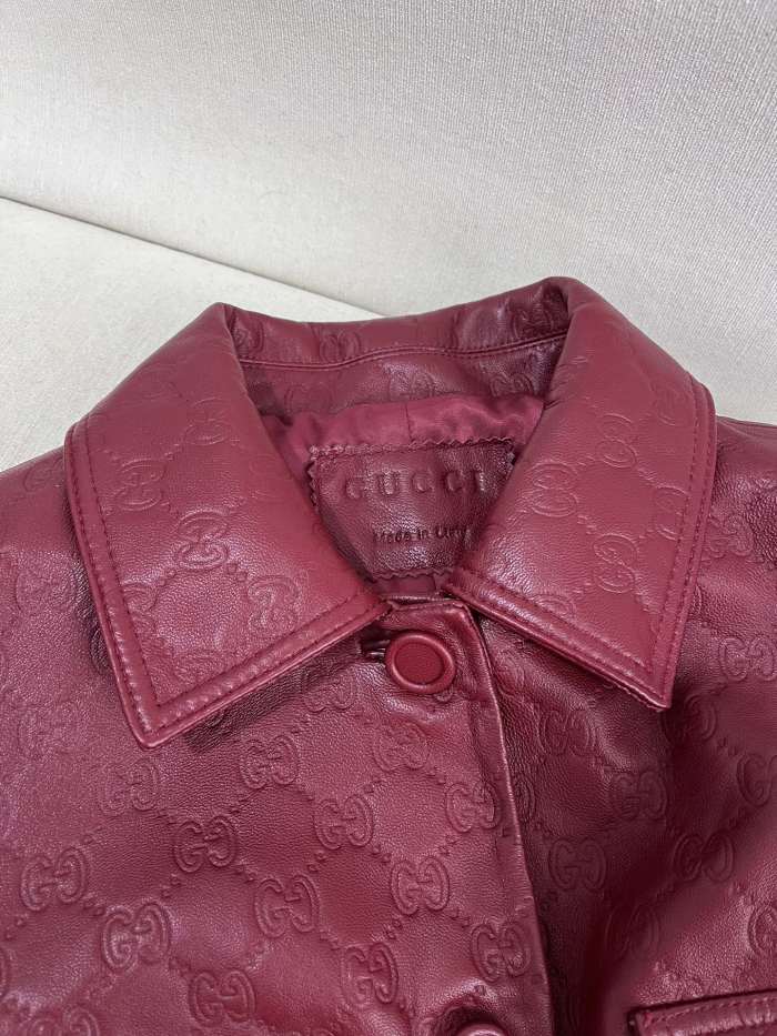 NIGO Gucci Women's Autumn and Winter Solid Color Lapel Embossed Printed Leather Mid-Length Belted Long Sleeve Jacket Coat #nigo74376
