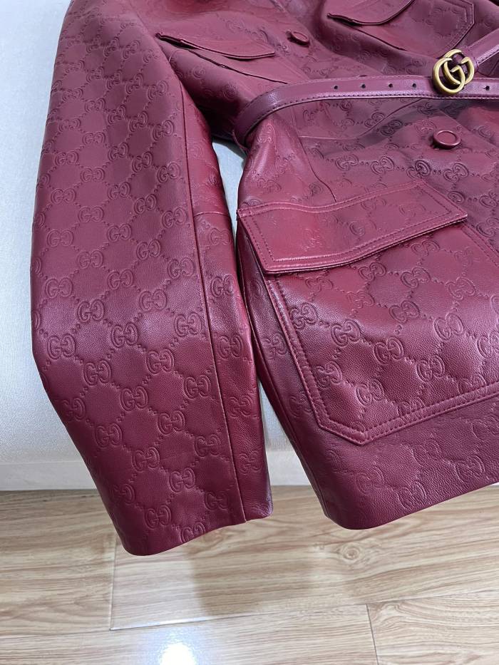 NIGO Gucci Women's Autumn and Winter Solid Color Lapel Embossed Printed Leather Mid-Length Belted Long Sleeve Jacket Coat #nigo74376