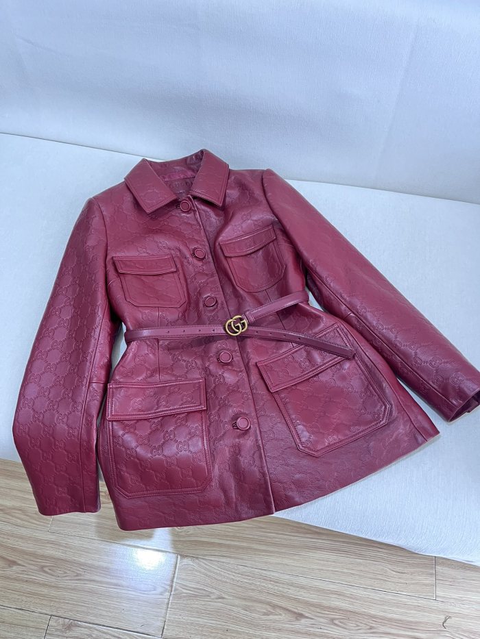 NIGO Gucci Women's Autumn and Winter Solid Color Lapel Embossed Printed Leather Mid-Length Belted Long Sleeve Jacket Coat #nigo74376