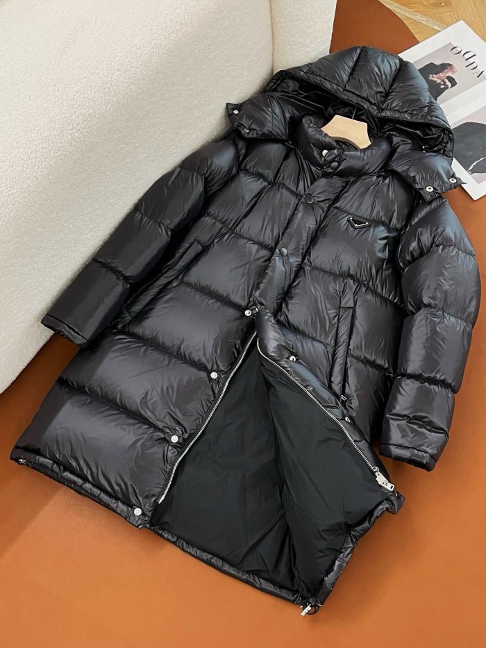 NIGO Prada Men's And Women's Autumn And Winter Solid Color Quilted Fluffy Medium Length Hooded Puffer Down Jacket #nigo74389