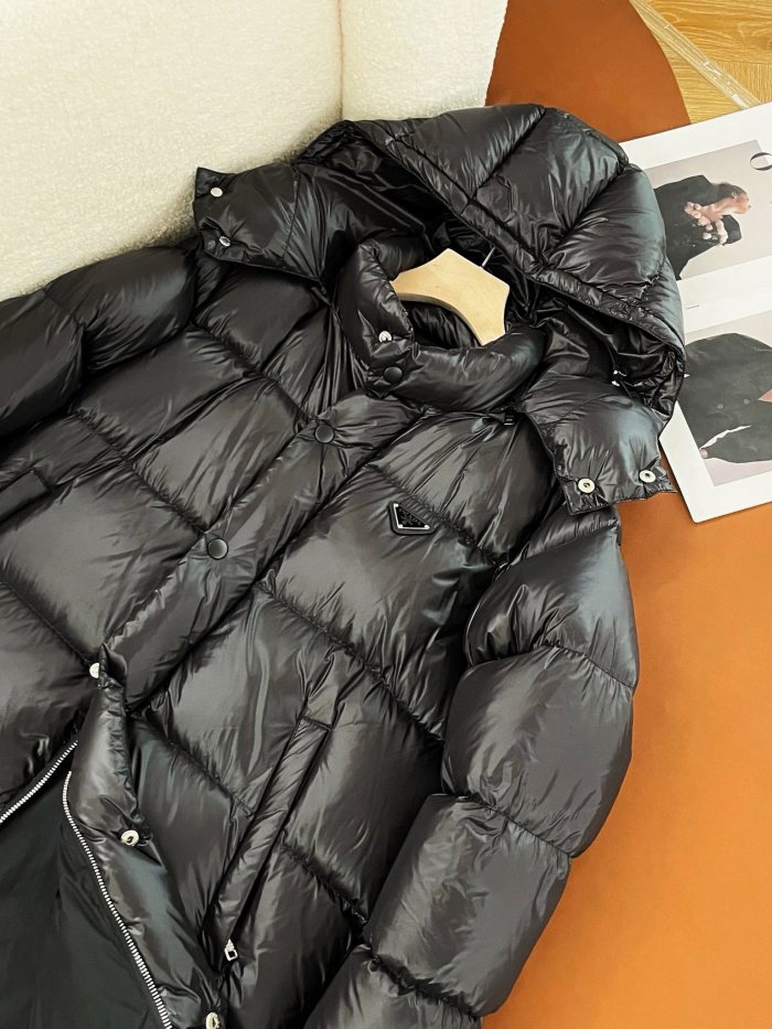 NIGO Prada Men's And Women's Autumn And Winter Solid Color Quilted Fluffy Medium Length Hooded Puffer Down Jacket #nigo74389