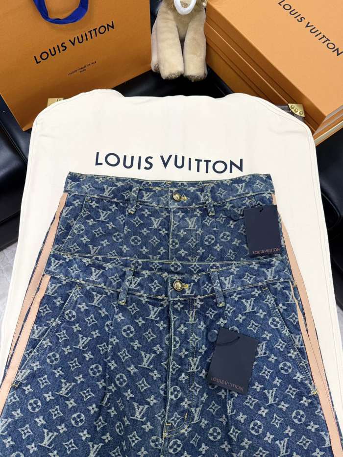 NIGO Louis Vuitton Men's Spring and Autumn Blue Cotton Monogrammed Full Print Jeans Pants #nigo74415