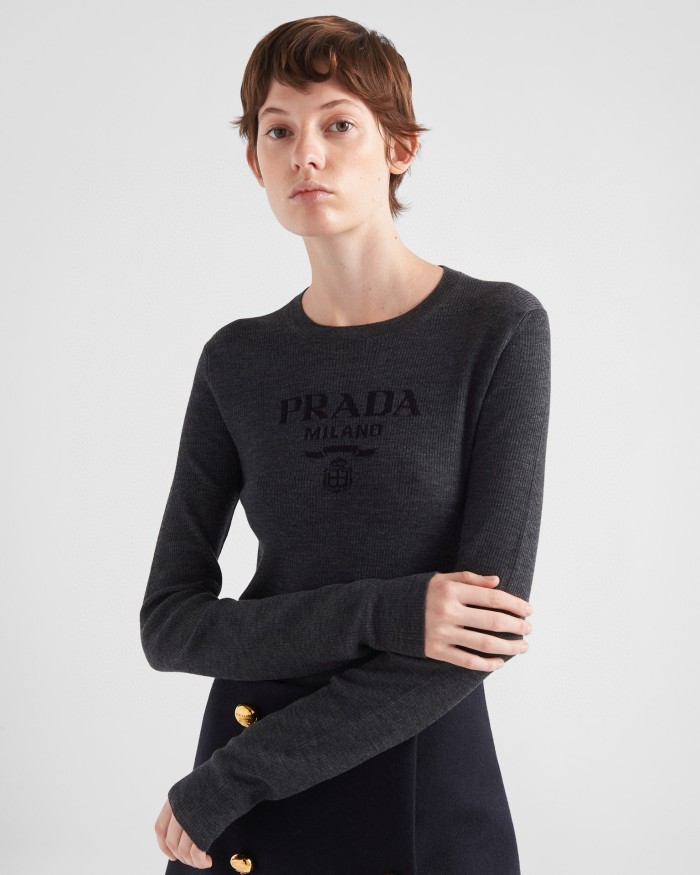 NIGO Prada Women's Spring/Summer Solid Color Monogrammed Wool Crew Neck Long Sleeve Knit Sweater #nigo74413