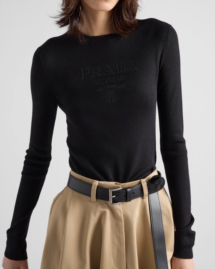 NIGO Prada Women's Spring/Summer Solid Color Monogrammed Wool Crew Neck Long Sleeve Knit Sweater #nigo74413