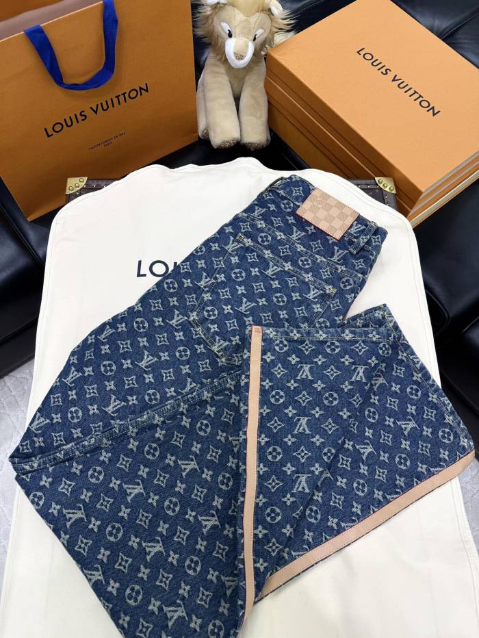 NIGO Louis Vuitton Men's Spring and Autumn Blue Cotton Monogrammed Full Print Jeans Pants #nigo74415