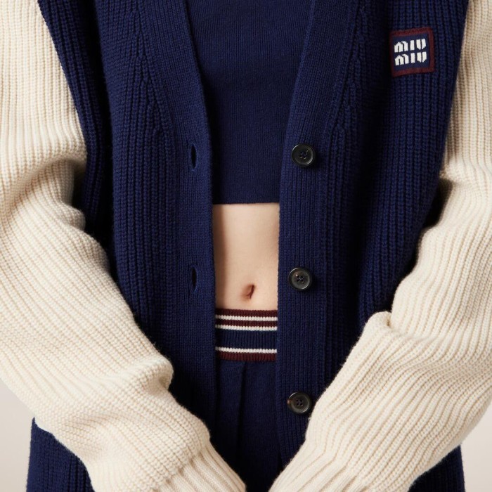 NIGO MiuMiu Women's Spring And Fall V-neck Blue And White Blended Knit Single Breasted Cashmere Sweater Jacket #nigo74428