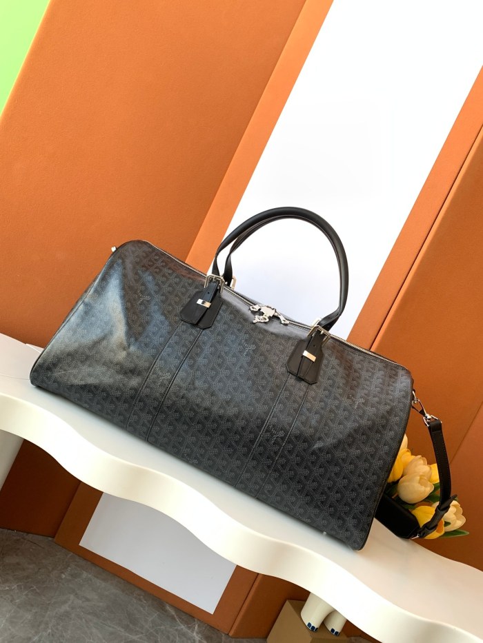 NIGO GOYARD Jet Black Boston Women's Classic Aged Black Large Capacity Canvas Puzzle Leather Tote Travel Bag Bags #nigo74436
