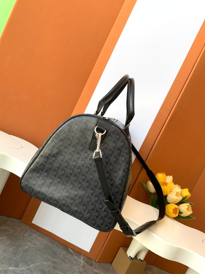 NIGO GOYARD Jet Black Boston Women's Classic Aged Black Large Capacity Canvas Puzzle Leather Tote Travel Bag Bags #nigo74436