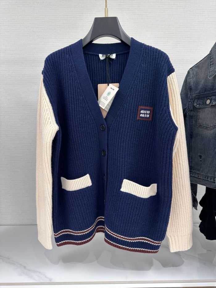 NIGO MiuMiu Women's Spring And Fall V-neck Blue And White Blended Knit Single Breasted Cashmere Sweater Jacket #nigo74428