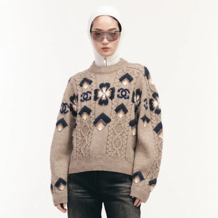 NIGO Chanel Women's Fall And Winter Clover Jacquard Round Neck Knit Long Sleeve Pullover Sweater #nigo74427
