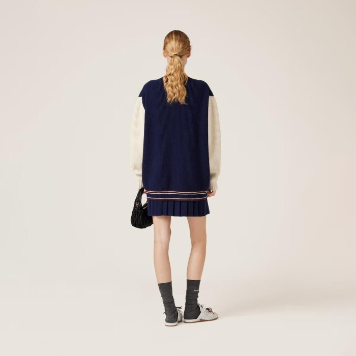 NIGO MiuMiu Women's Spring And Fall V-neck Blue And White Blended Knit Single Breasted Cashmere Sweater Jacket #nigo74428