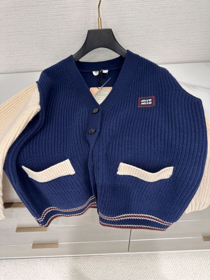 NIGO MiuMiu Women's Spring And Fall V-neck Blue And White Blended Knit Single Breasted Cashmere Sweater Jacket #nigo74428